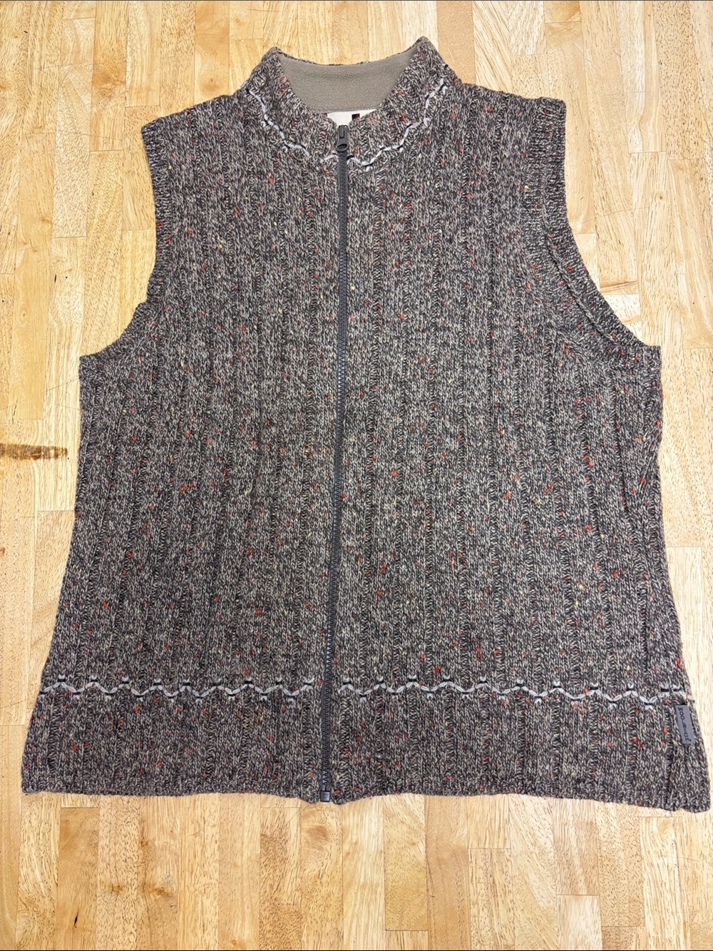 Woolrich Tweed Knit Sweater Vest Fleece Lined Collar Full Zip Brown Heather L